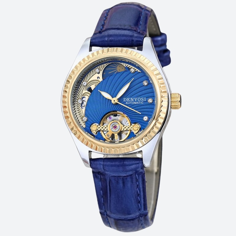 Montre automatique femme squelette cadran bleu et bracelet cuir bleu, mécanisme apparent - Montrelio