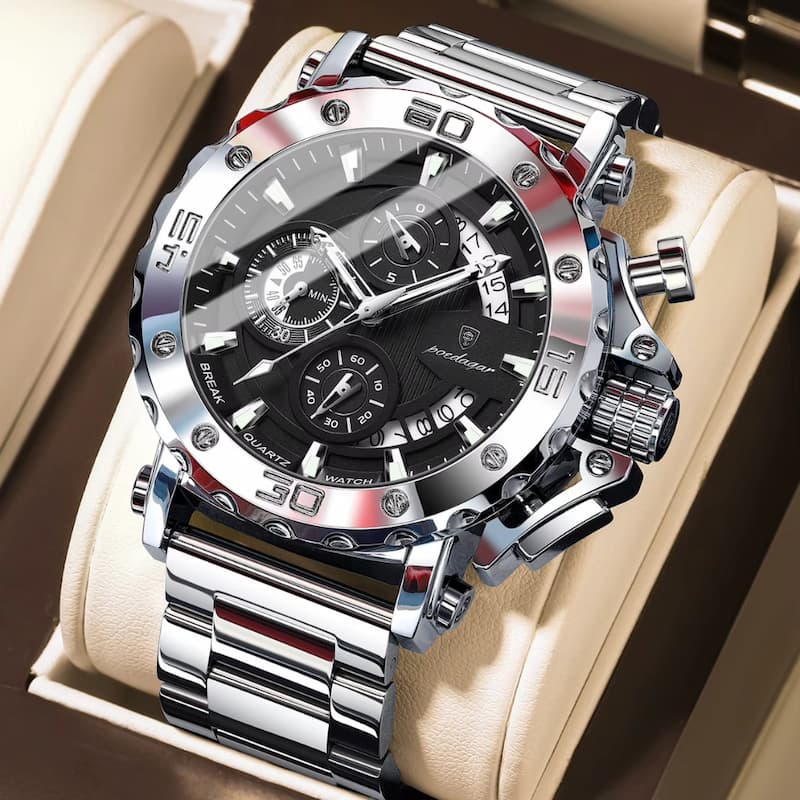 Montre Chronographe Homme Acier Inoxydable Design Vertical - vue 3 - Montrelio