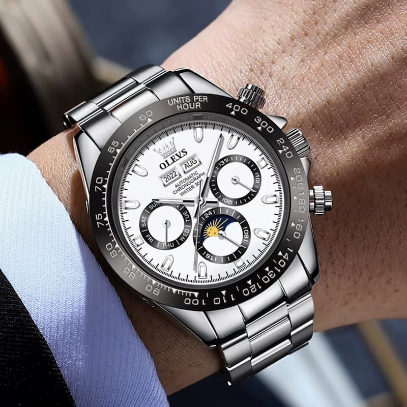 Montre Chronographe Homme Acier Inoxydable Moon Phase - vue 3 - Montrelio