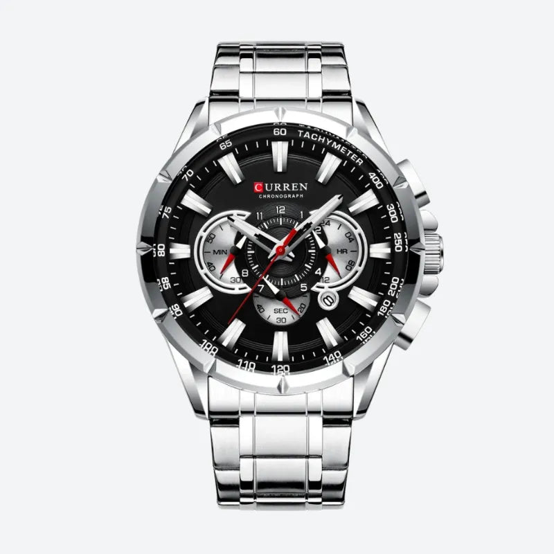 Montre chronographe homme quartz cadran bleu, vue de face