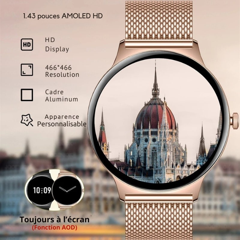 Montre Connectée Femme Maille Rose et Écran AMOLED - vue 4 - Montrelio