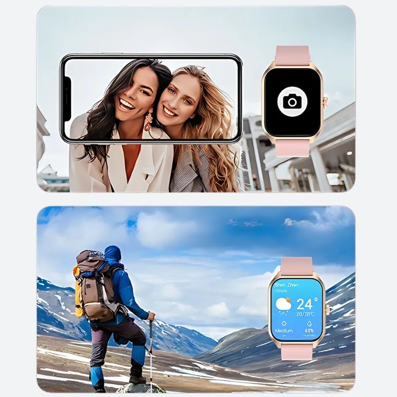 Montre Connectée Femme Rose à Grand Écran Doré - vue 5 - Montrelio