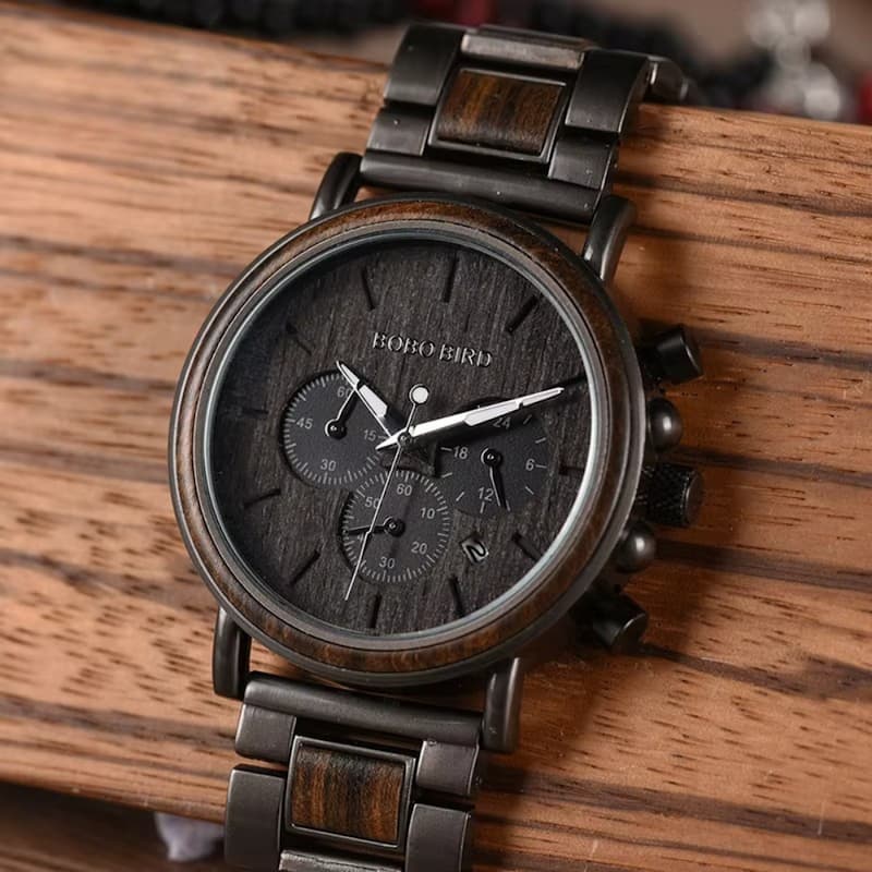 Montre en Bois Chronographe Homme et Acier, Fonctionnalité Sportive - vue 2 - Montrelio