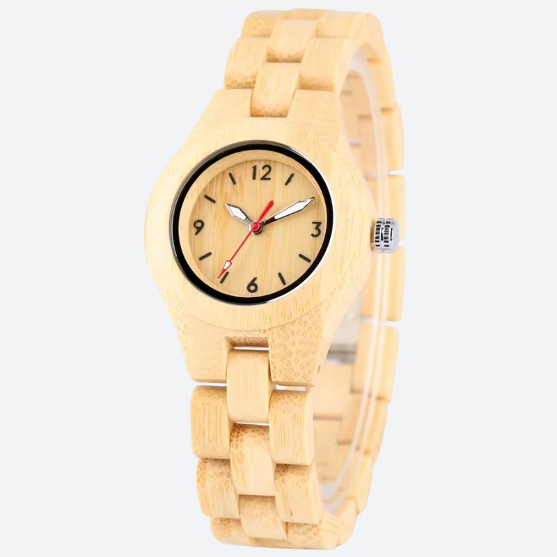 Montre en bois femme bambou naturel minimaliste, vue de face