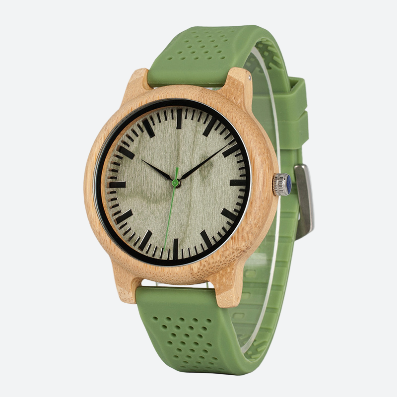 Montre en bois femme bambou teinté bracelet cuir, vue de face