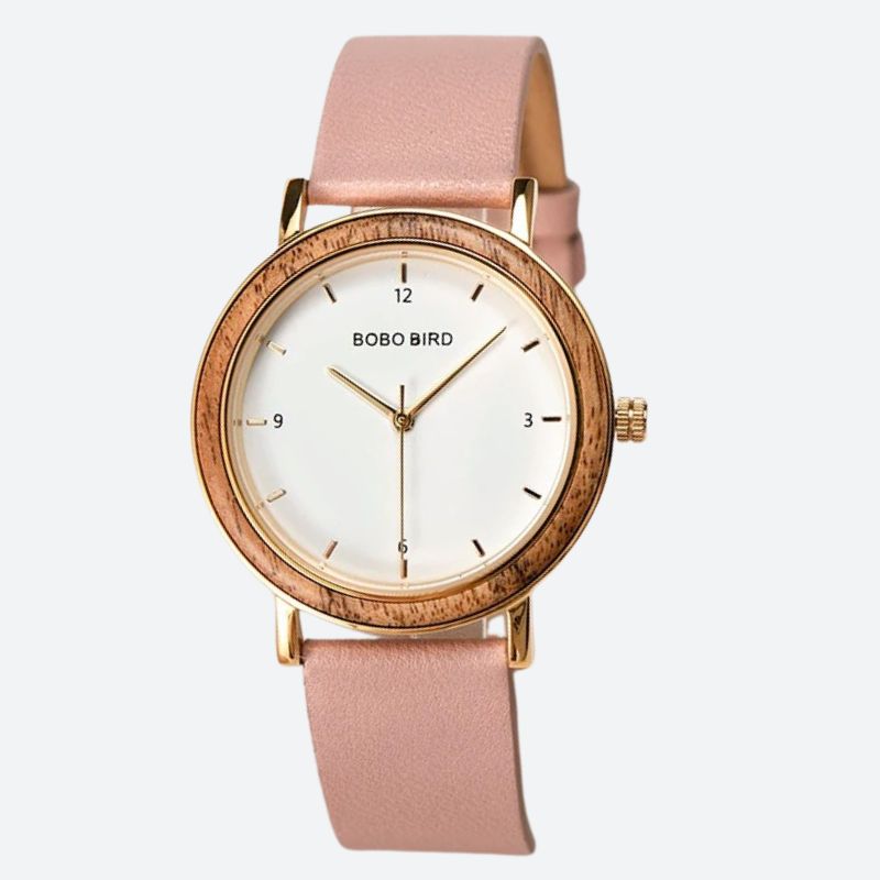 Montre en bois femme boîtier doré cadran minimaliste, vue de face