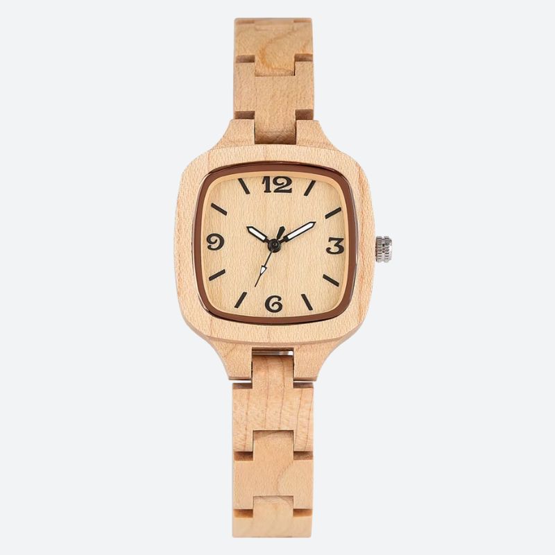 Montre en bois femme cadran carré boîtier naturel, vue de face