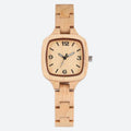 Montre en bois femme cadran carré boîtier naturel, vue de face
