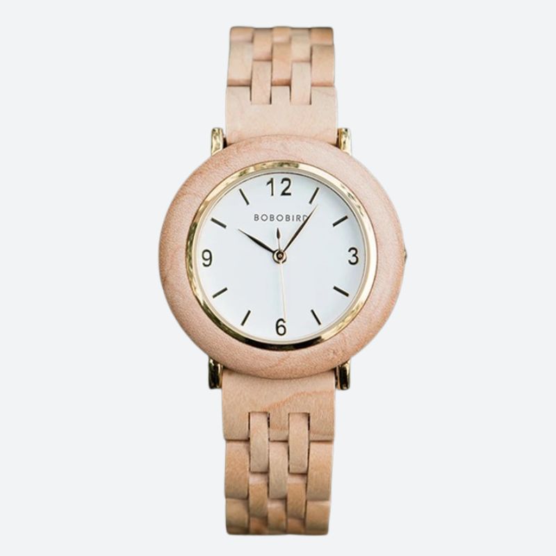 Montre en bois femme cadran épuré coloris naturels, vue de face