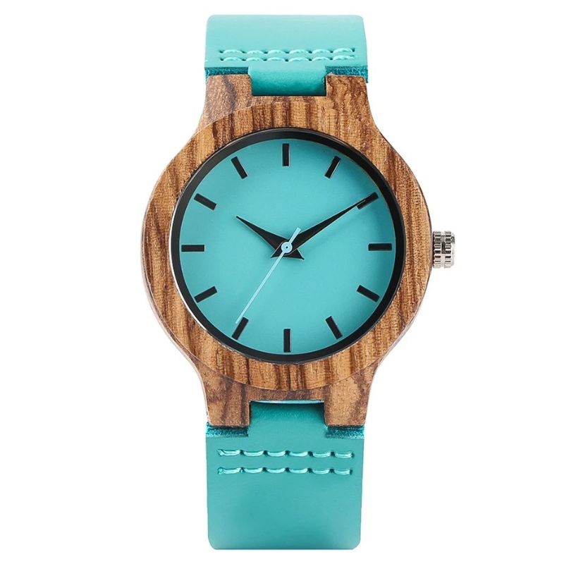 Montre en bois femme cadran turquoise boîtier naturel, vue de face
