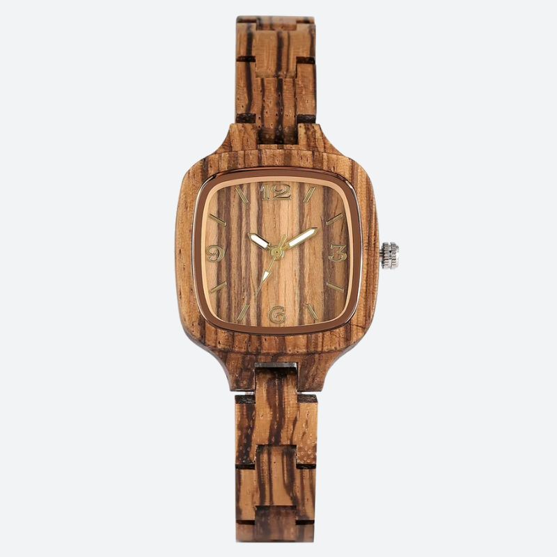 Montre en bois femme carrée à quartz minimaliste, vue de face