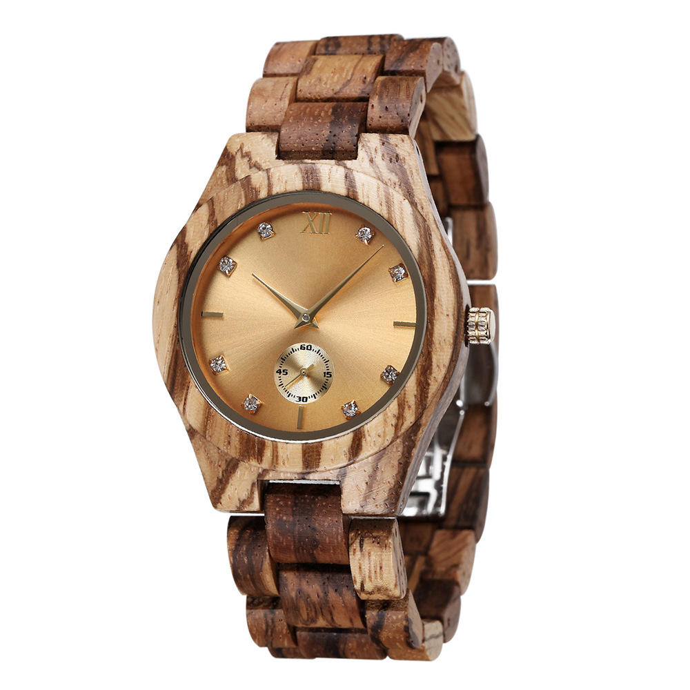 Montre en bois femme naturel cadran à brillants, vue de face