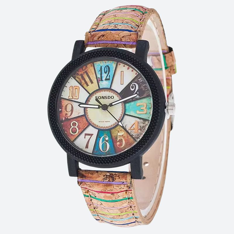 Montre en bois femme patchwork rétro bracelet liège, vue de face