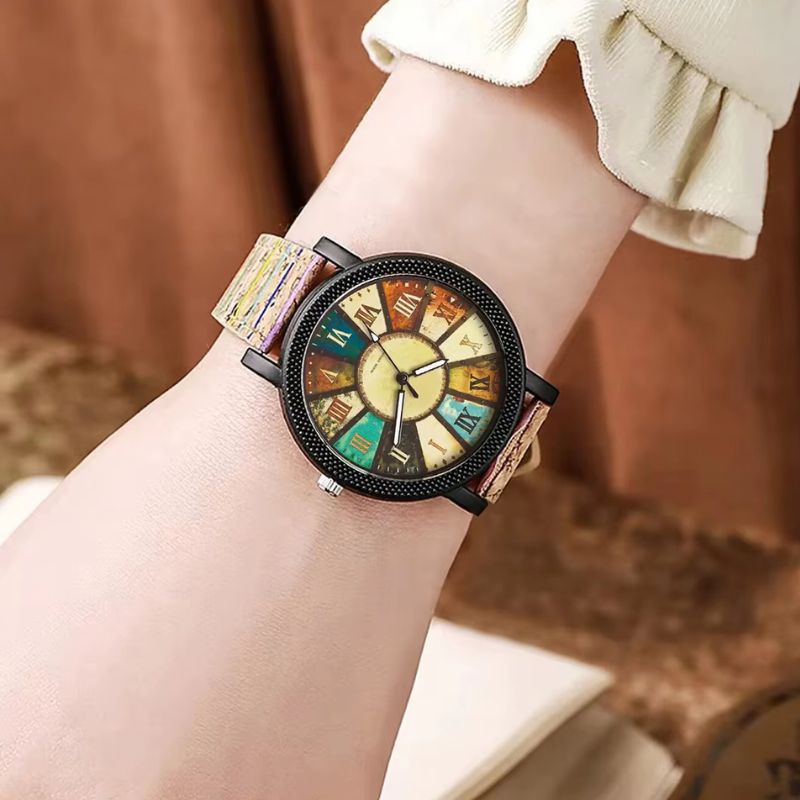 Cadran coloré rétro de la montre en bois femme