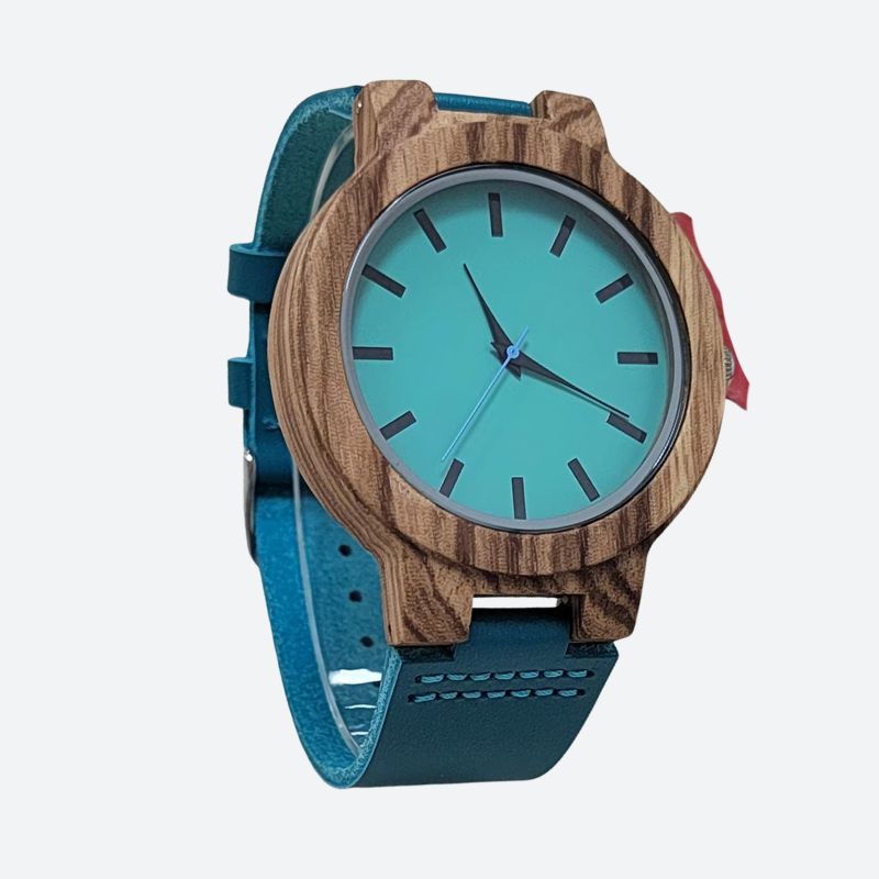 Montre en bois femme quartz boîtier bois bracelet cuir, vue de face