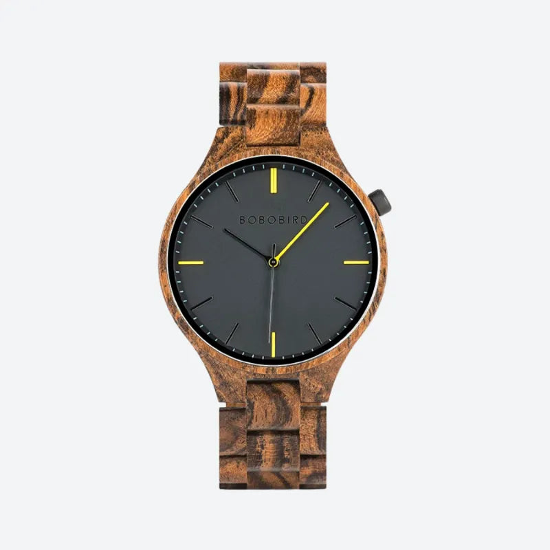 Montre en bois homme quartz design épuré, vue de face
