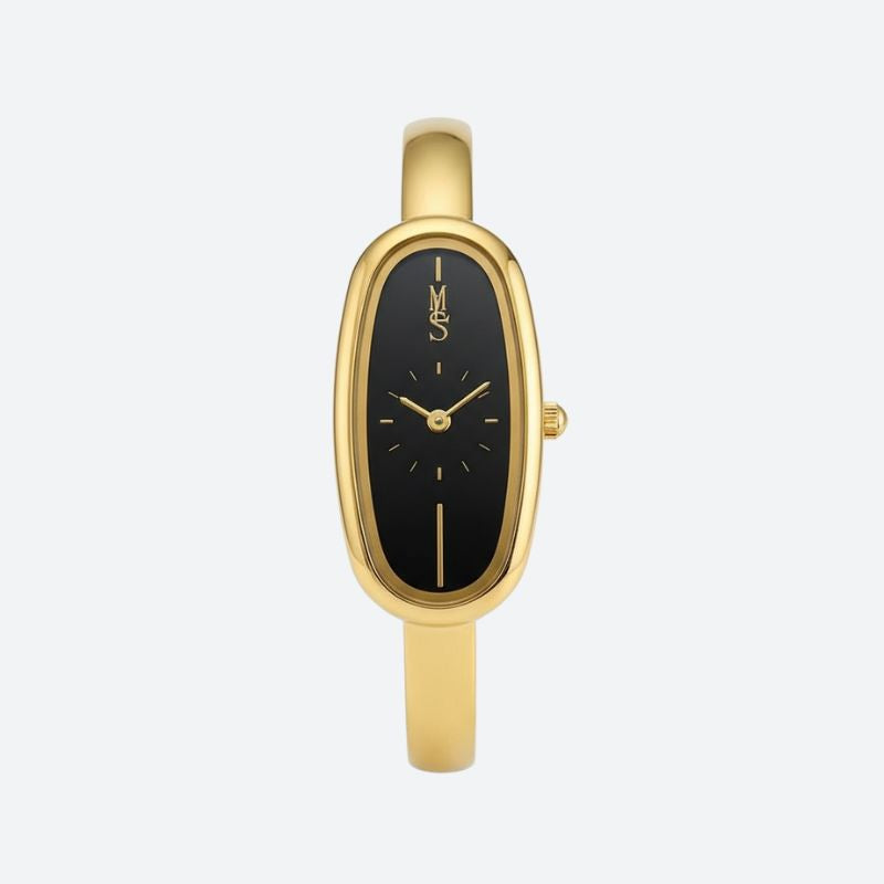 Montre Femme Jonc Doré Cadran Noir Ovale Résistante à l’Eau - vue 1 - Montrelio