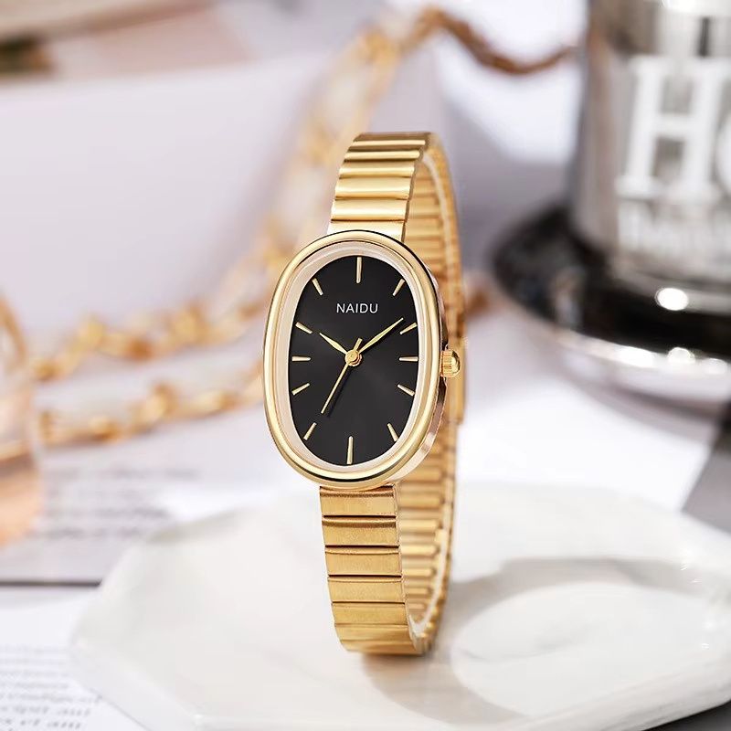 Montre Femme Ovale Dorée Quartz Bracelet Large Minimaliste - vue 5 - Montrelio