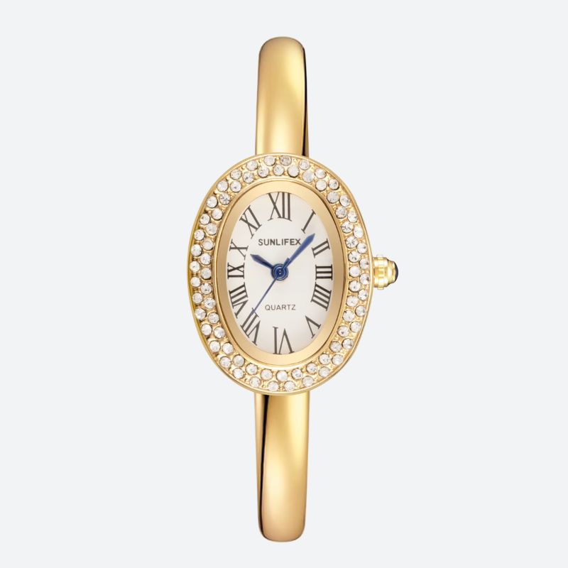 Montre Femme Ovale Dorée Strass Cadran Chiffres Romains Quartz - vue 1 - Montrelio