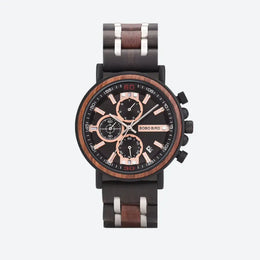 Montre Homme Chronographe en Bois et Acier, Mouvement Quartz Multifonction
