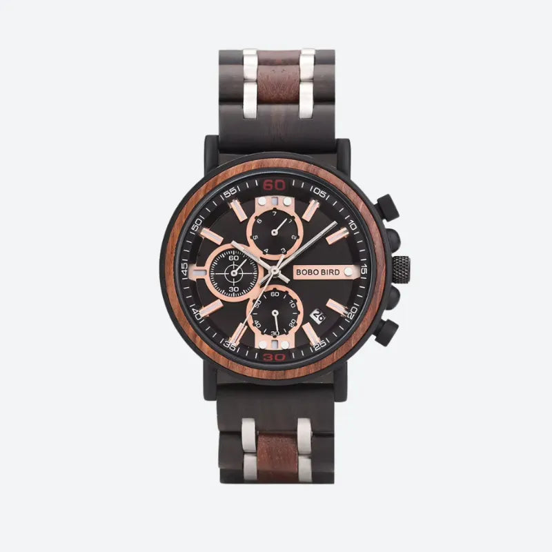 Montre Homme Chronographe en Bois et Acier, Mouvement Quartz Multifonction - vue 1 - Montrelio