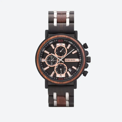 Montre Homme Chronographe en Bois et Acier, Mouvement Quartz Multifonction