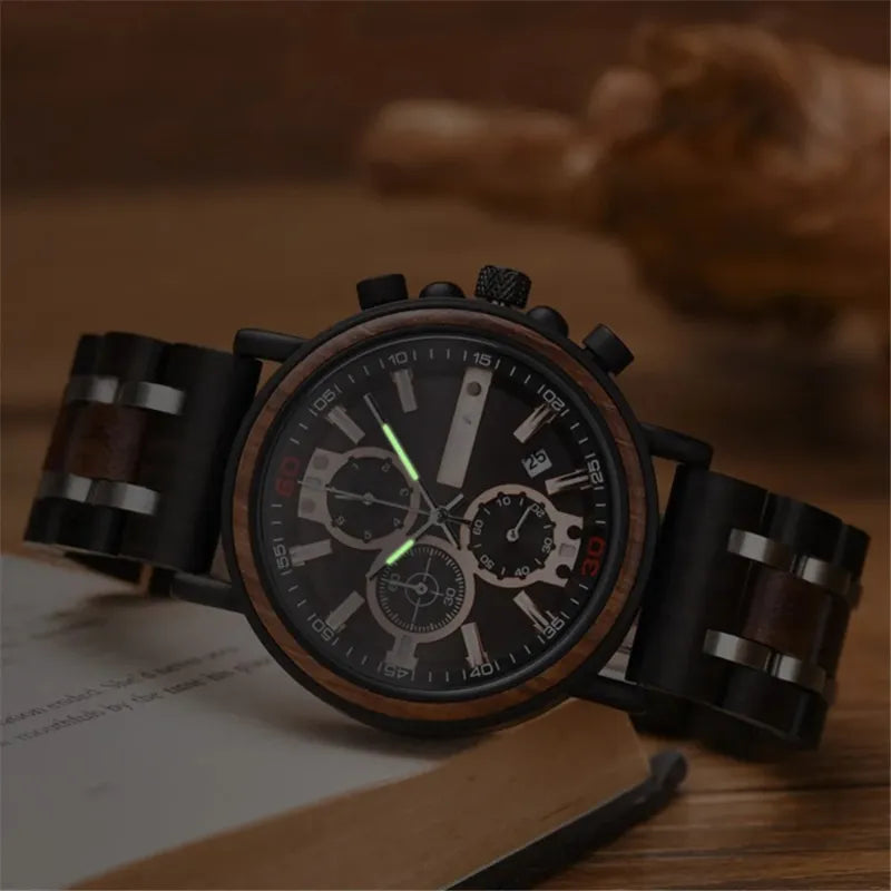Montre Homme Chronographe en Bois et Acier, Mouvement Quartz Multifonction - vue 2 - Montrelio