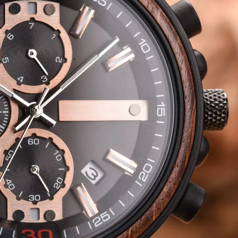 Montre Homme Chronographe en Bois et Acier, Mouvement Quartz Multifonction - vue 3 - Montrelio