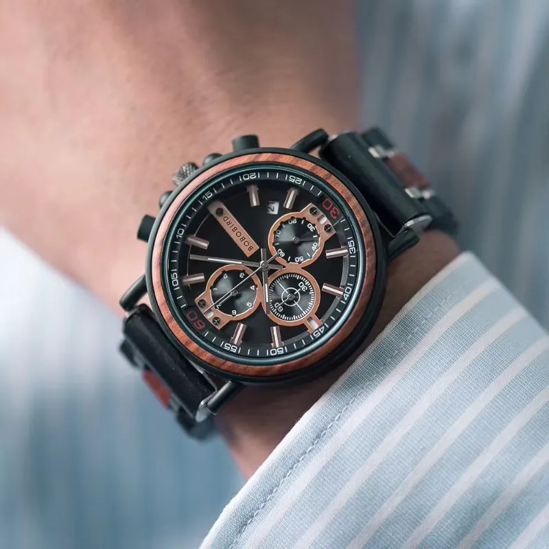Montre Homme Chronographe en Bois et Acier, Mouvement Quartz Multifonction - vue 5 - Montrelio
