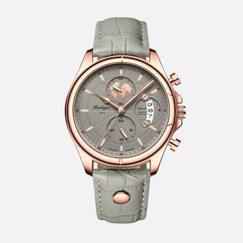 Montre Homme Quartz Ronde, Cuir Gris Date Lumineuse - vue 1 - Montrelio