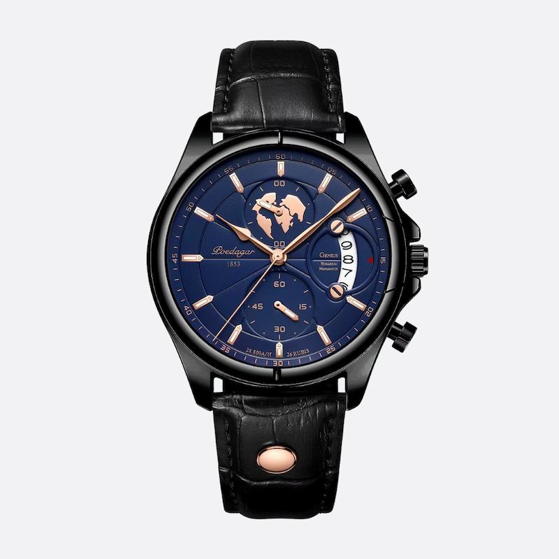 Montre Homme Quartz Ronde, Cuir Gris Date Lumineuse - vue 3 - Montrelio
