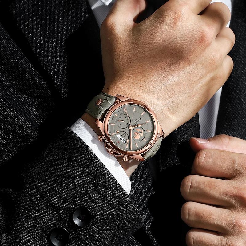 Montre Homme Quartz Ronde, Cuir Gris Date Lumineuse - vue 5 - Montrelio