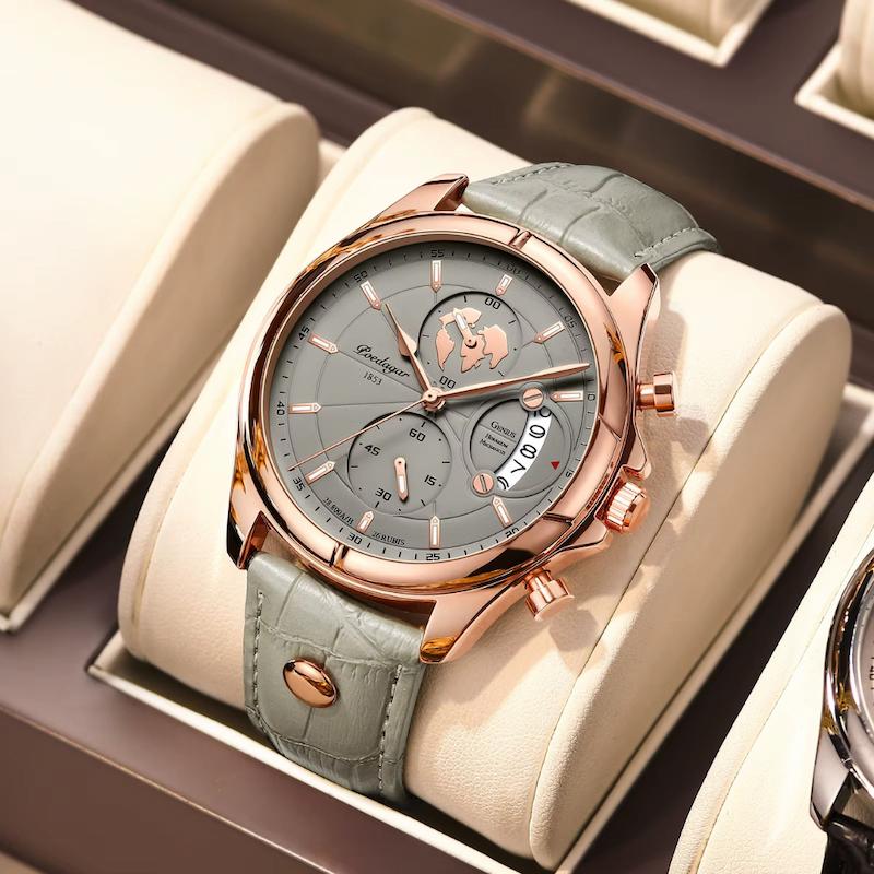 Montre Homme Quartz Ronde, Cuir Gris Date Lumineuse - vue 6 - Montrelio