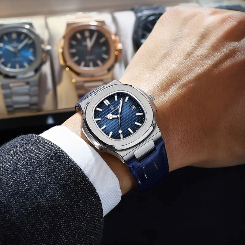 Montre Luxe Homme Style Nautilus Bracelet Cuir - vue 5 - Montrelio