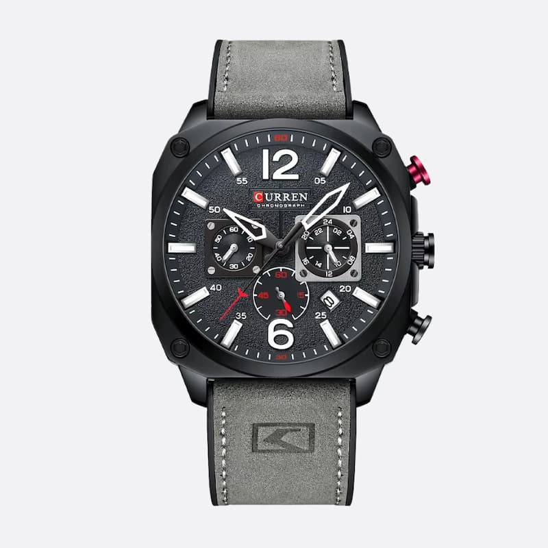Montre militaire chronographe homme 44 mm cadran bleu, bracelet cuir - vue 1 - Montrelio