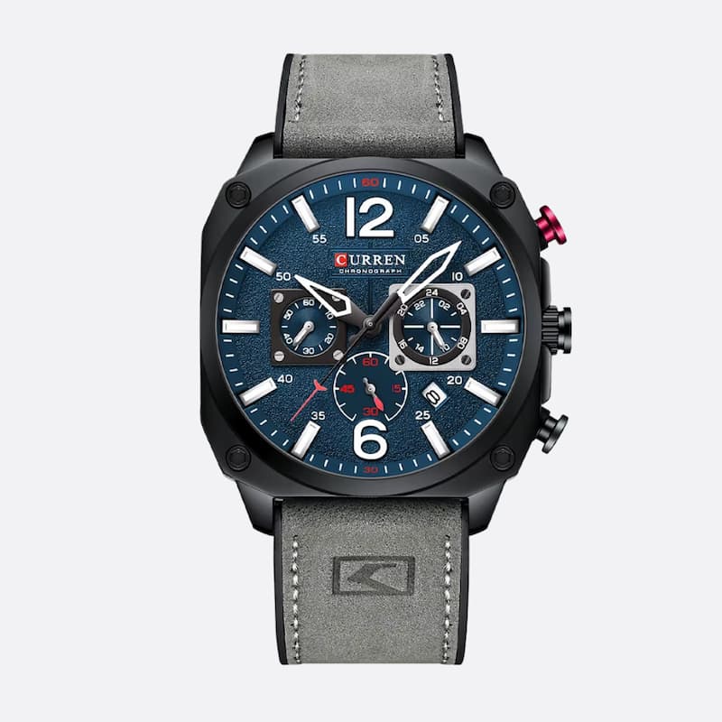 Montre militaire chronographe homme 44 mm cadran bleu, bracelet cuir - vue 2 - Montrelio