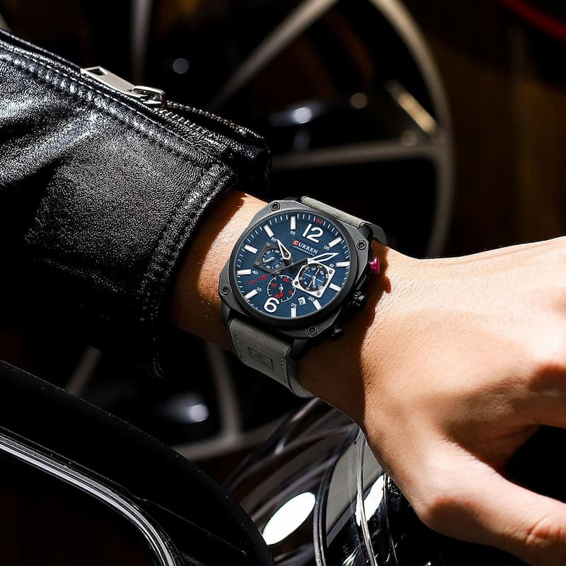 Montre militaire chronographe homme 44 mm cadran bleu, bracelet cuir - vue 3 - Montrelio