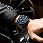 Montre militaire chronographe homme 44 mm cadran bleu, bracelet cuir - vue 3 - Montrelio