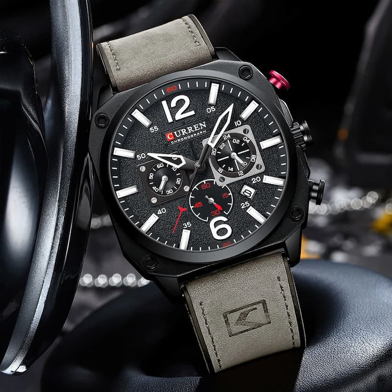 Montre militaire chronographe homme 44 mm cadran bleu, bracelet cuir - vue 4 - Montrelio