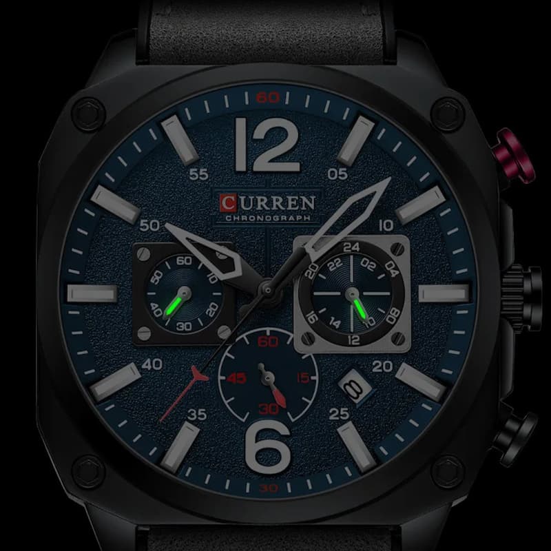Montre militaire chronographe homme 44 mm cadran bleu, bracelet cuir - vue 5 - Montrelio