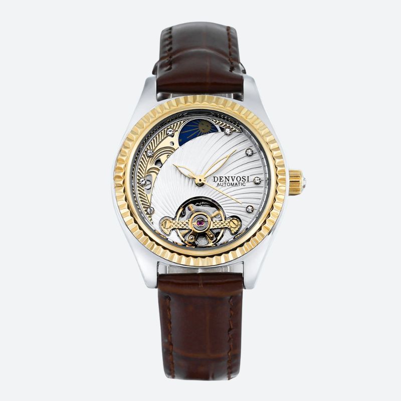 Montre squelette femme automatique bracelet cuir marron, vue de face