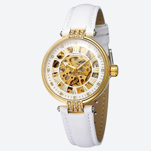 Montre squelette femme automatique cuir cristaux, vue de face