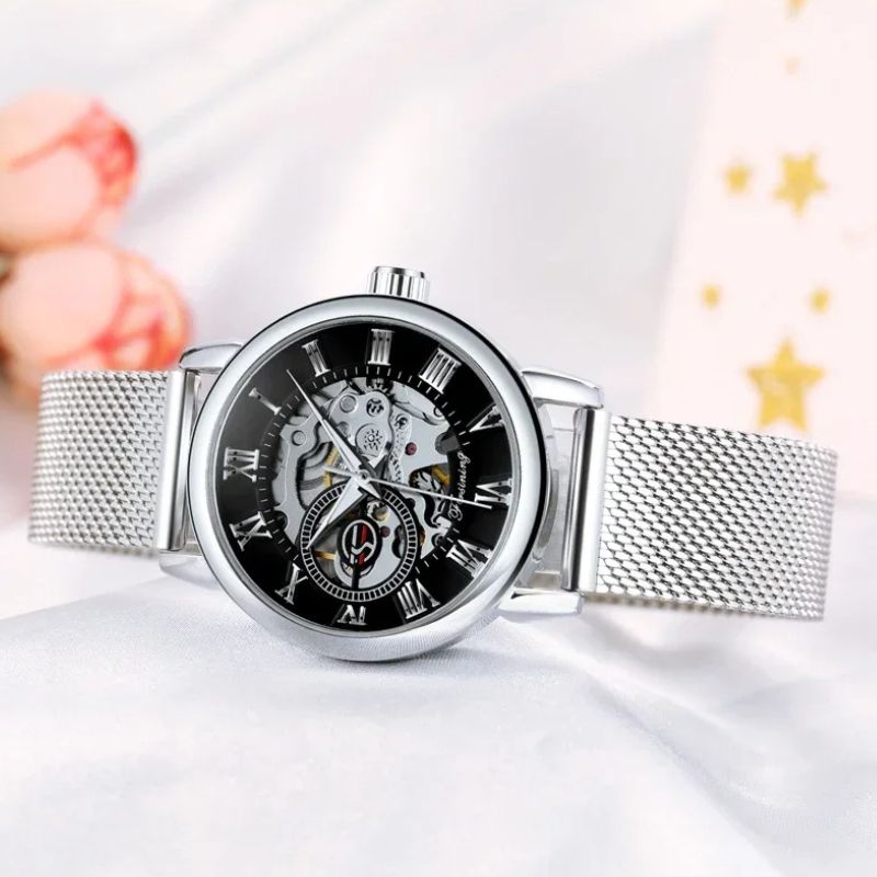 Montre Squelette Femme Métal Automatique Maille Milanaise - vue 3 - Montrelio