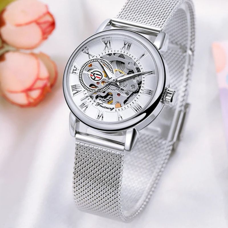 Montre Squelette Femme Ronde Métal Brossé - vue 2 - Montrelio