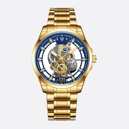 Montre Squelette Homme Acier Doré Quartz Lumineux