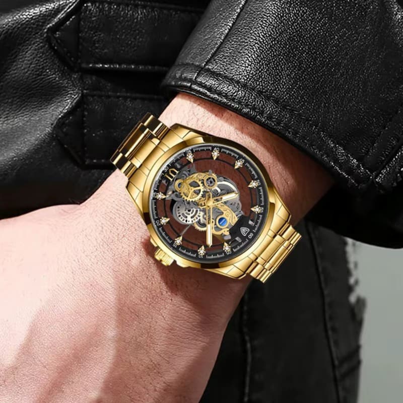 Montre Squelette Homme Acier Doré Quartz Lumineux - vue 5 - Montrelio