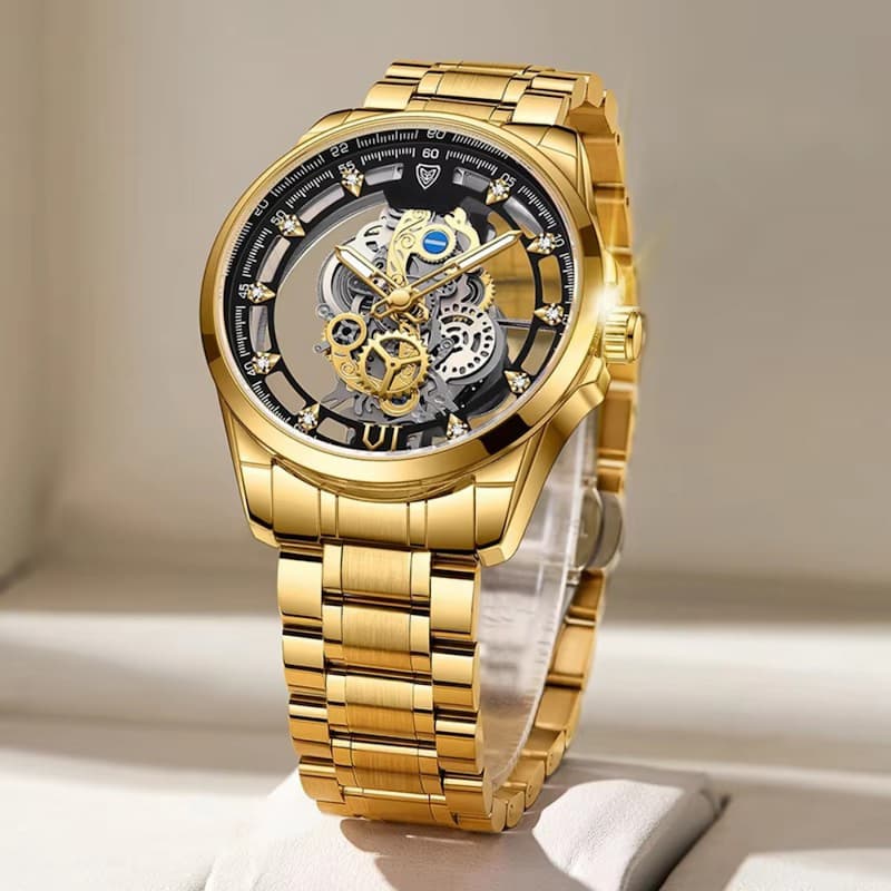 Montre Squelette Homme Acier Doré Quartz Lumineux - vue 7 - Montrelio