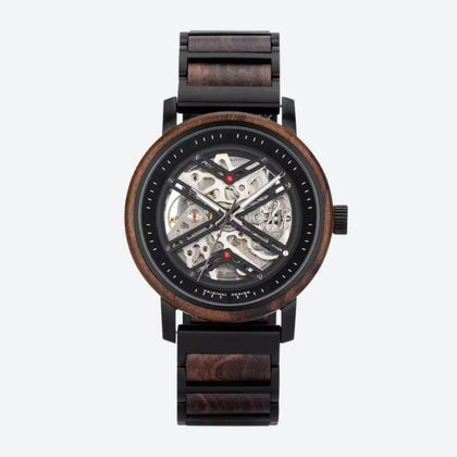 Montre Squelette Homme Acier et Bois Mécanique