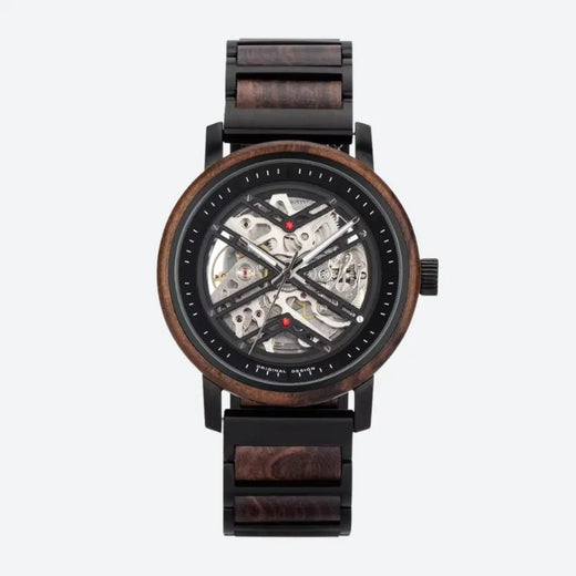 Montre Squelette Homme Acier et Bois Mécanique