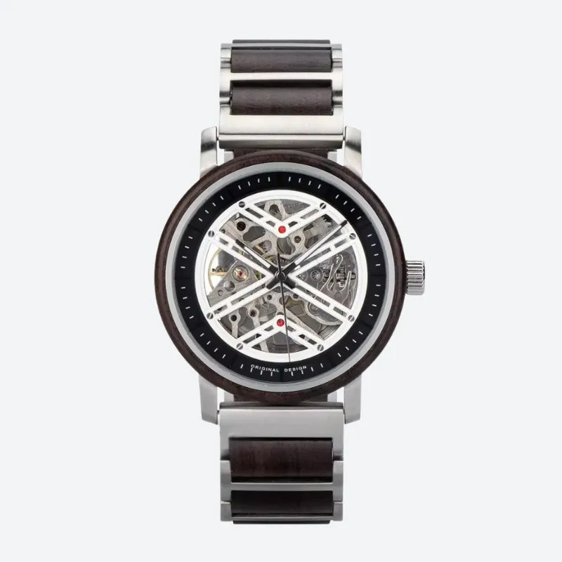 Montre Squelette Homme Acier et Bois Mécanique - vue 2 - Montrelio